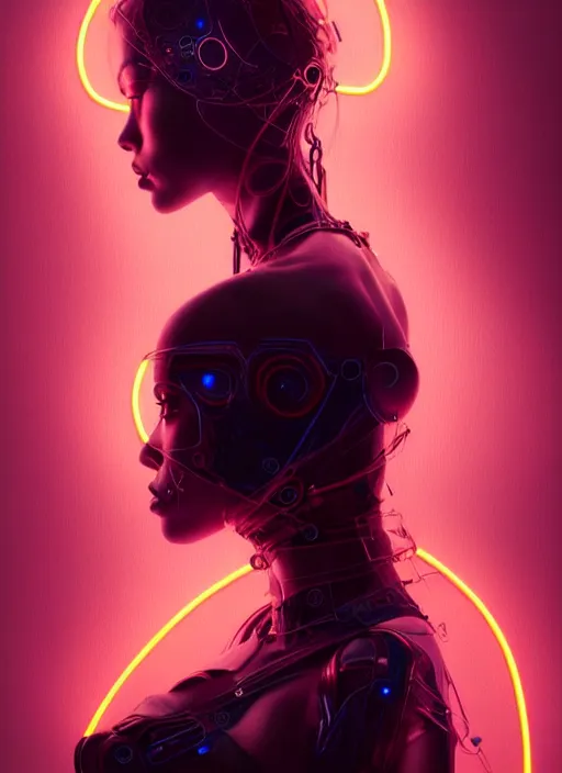 Image similar to portrait of female humanoid in wearable art fashion, intricate, elegant, cyber neon lights, highly detailed, digital photography, artstation, glamor pose, concept art, smooth, sharp focus, art by artgerm and greg rutkowski