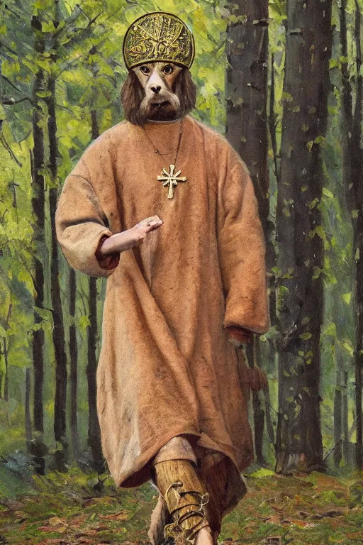 Image similar to slavic dog head man, woolen torso in medieval clothes, painting by whimmy art, walking in the forest, orthodox saint christopher, oil painting, painting by viktor vasnetsov, concept art, hyperrealism, beautiful, high resolution, trending on artstation,