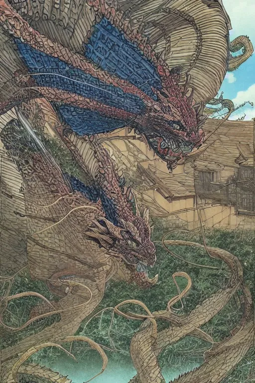 Prompt: beautiful hyperdetailed anime illustration of a dragon spiral over a rural japanese home, by moebius, masamune shirow and katsuhiro otomo