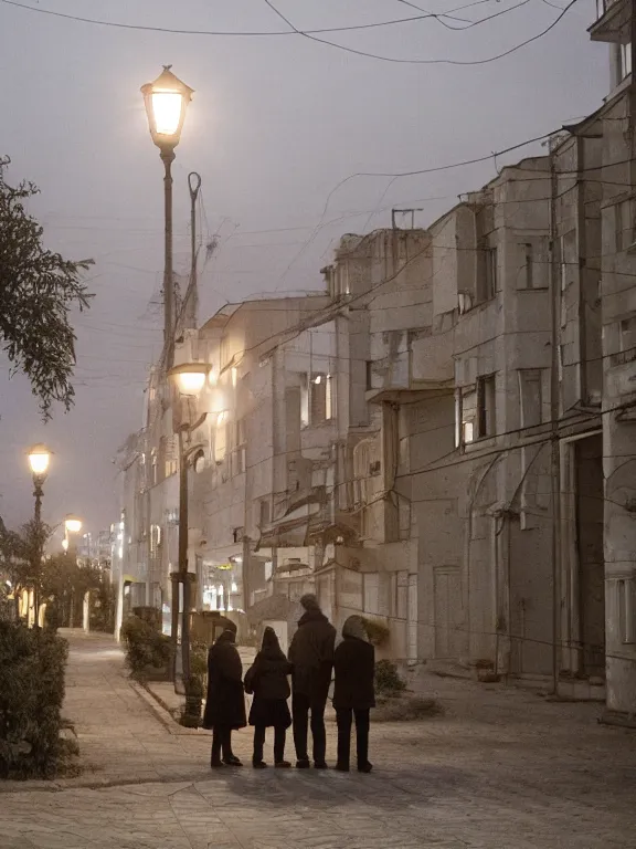 Image similar to film still of post - soviet suburbs, lights are on in the windows, deep night, post - soviet courtyard, cozy atmosphere, light fog, street lamps with orange light, several birches nearby, several elderly people stand at the entrance to the building