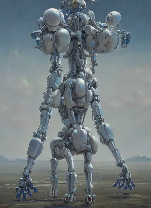 Prompt: an intricate oil painting of a giant pristine white humanoid feminine figure mecha with rounded components by simon stalenhag, inspired by nier : automata, clean white lab background