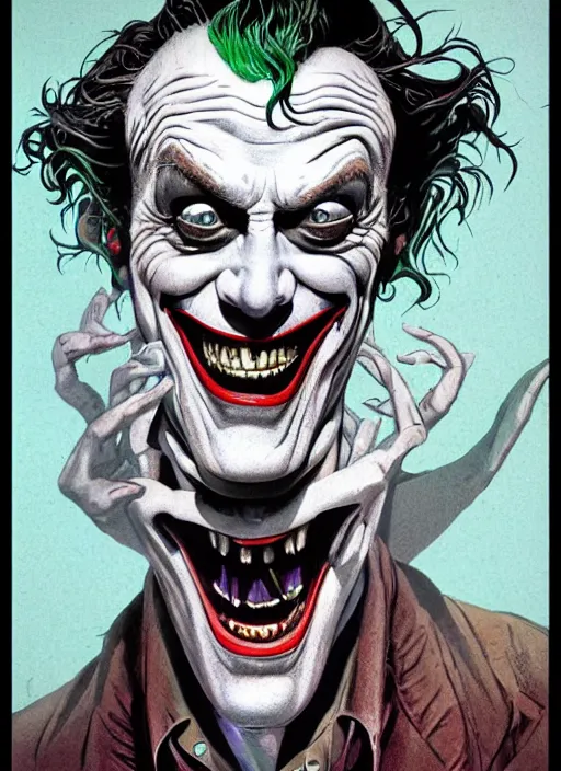 Image similar to christopher lloyd as the joker, big smile, grotesque, horror, high details, intricate details, by vincent di fate, artgerm julie bell beeple, 1 9 8 0 s, inking, vintage 8 0 s print, screen print