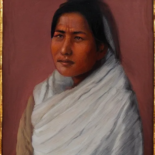 Image similar to a nepali woman wearing a white shawl, oil painting
