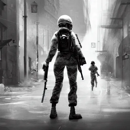 Image similar to black and white female soldier with sniffer dog exploring urban environment, concept art trending on art station 4k award-winning unreal engine