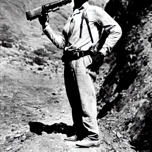 Image similar to Falling soldier by Robert Capa, militia, white shirt, rifle, extended arms, hillslope, 1936