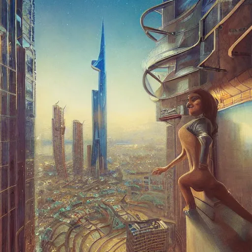 Prompt: detailed face of an arabic woman, tectonic cityscape, skydome, reactor, utopian, wet reflections, prism, atmospheric, ambient, pj crook, syd mead, livia prima, artgerm, greg rutkowski, nick alm, casey baugh