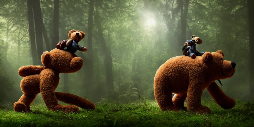 Image similar to a giant ant is riding a giant teddy bear in a forest, moody, cinematic light, matte painting, concept art, highly detailed, 8k