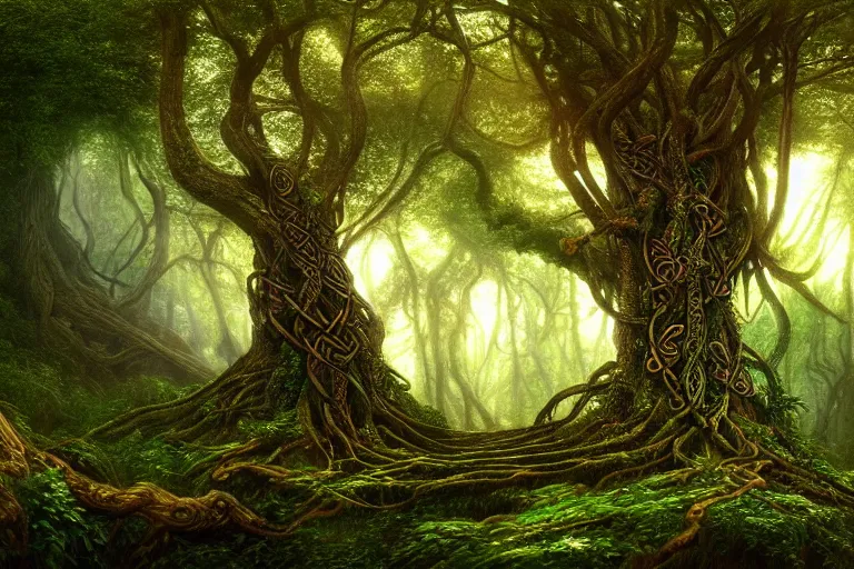 Image similar to a beautiful and highly detailed digital painting of an elven tree with celtic roots in a lush forest, psychedelic patterns, intricate details, epic scale, 8 k, sharp focus, photorealism, artstation, cgsociety, by caspar friedrich, albert bierstadt, james gurney, brian froud,