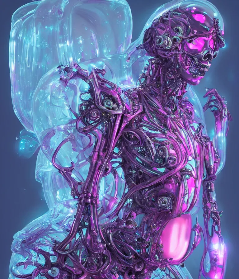 Image similar to fully symmetrical centered iridescent portrait of a beautiful princess demon in robe. skulls artificial muscles, ribcage, bones, hard surface modelling. cyberpunk look. biomechanical mask. bio luminescent biomechanical halo around head. neon jellyfish. artwork by jarold Sng by artgerm, by Eddie Mendoza, by Peter mohrbacher by tooth wu, by hr giger, unreal engine, octane render, cinematic light, high details, iridescent colors, dichroic, macro, depth of field, blur