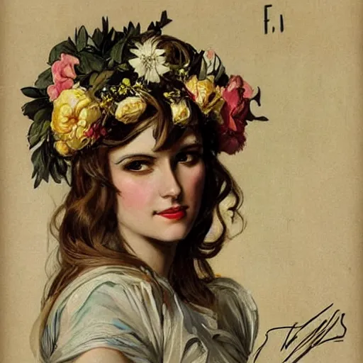 Image similar to epic portrait an woman with a skull face and wet flowing hair, flower crown, made by j. c. leyendecker