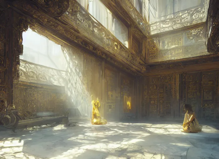 Image similar to the rich golden house and shadow of people lying around volumetric lighting, digital painting, highly detailed, artstation, sharp focus, illustration, concept art, ruan jia, steve mccurry, amazing composition