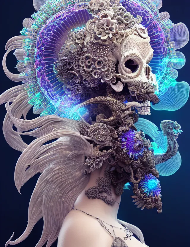 Image similar to 3 d goddess close - up profile solarpunk portrait ram skull. beautiful intricately detailed japanese crow kitsune mask and clasical japanese kimono. betta fish, jellyfish phoenix, fractal flame, bio luminescent, plasma, ice, water, wind, creature, artwork by tooth wu and wlop and beeple and greg rutkowski