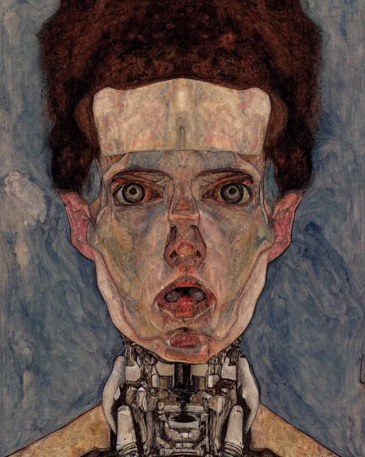 Image similar to portrait of a robot by egon schiele in the style of greg rutkowski