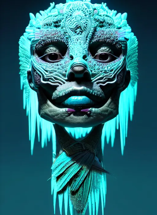 Image similar to 3 d goddess face portrait, sigma 5 0 0 mm f / 5. beautiful intricate highly detailed quetzalcoatl skull and feathers. bioluminescent, plasma, lava, ice, water, wind, creature, thunderstorm! artwork by tooth wu and wlop and beeple and greg rutkowski, 8 k trending on artstation,