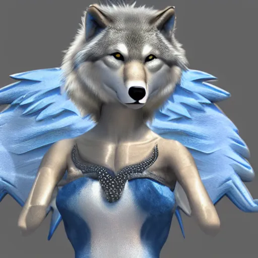 Image similar to 3 d render, well toned, large, female anthropomorphic wolf with wings, blue fur and scales with white spots and wings on her back, icey blue dress,.