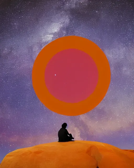 Image similar to man sitting at uluru, medicine drum, night sky, small fire, cosmic sky