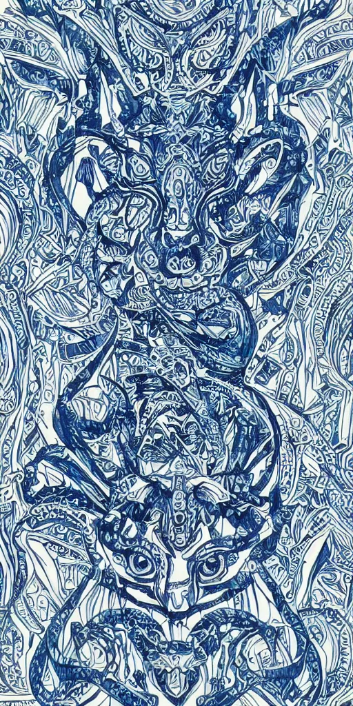 Image similar to blue paper + an intricate gemini depiction + symmetry + elaborate ink illustration