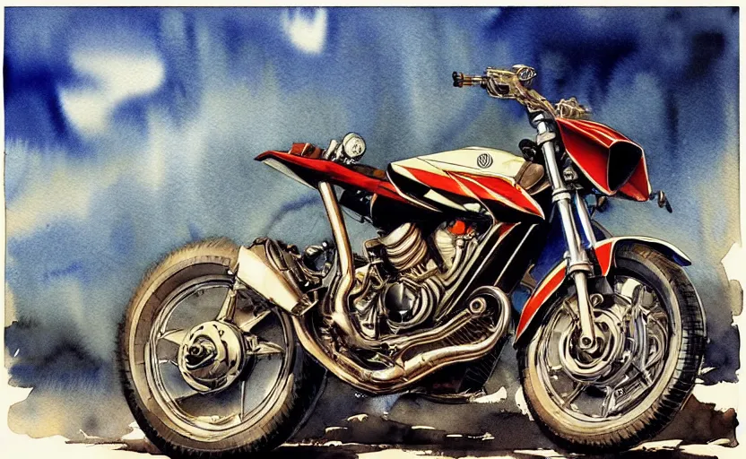 Prompt: yamaha motorcycle, colorful watercolor. by rembrant, battle angel alita, ralph mcquarrie, aluminum, 1 6 6 7