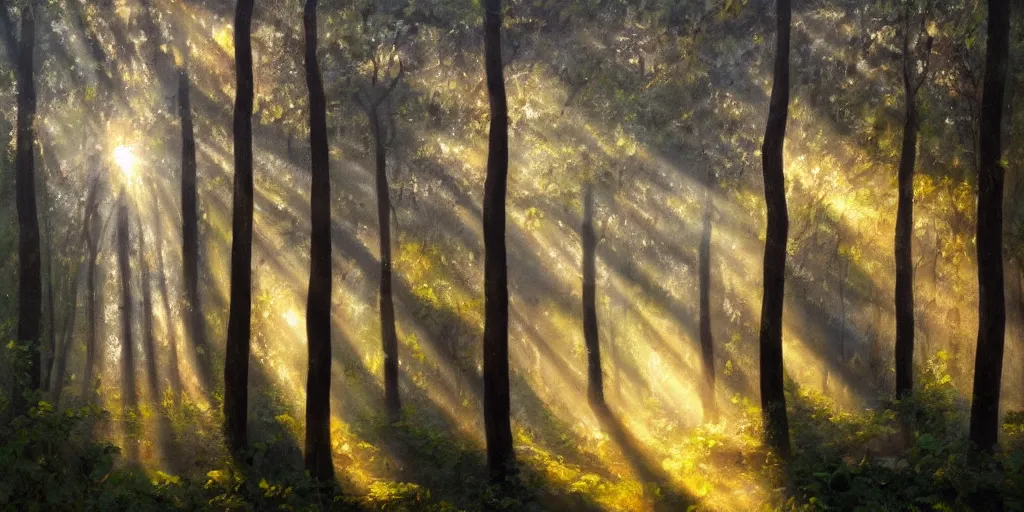 Prompt: An oil painting of an intensely beautiful forest in the morning; rays of light coming through the canopy; trending on artstation; extraordinary masterpiece!!!!!!