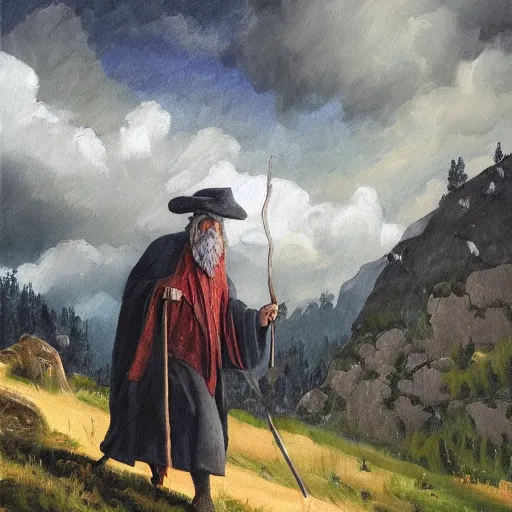 Image similar to a man in a grey cloak and brimmed hat with a staff travelling trough the mountains with trees, very detailed, colorful, oil painting, clouds, old man, alone, ravens