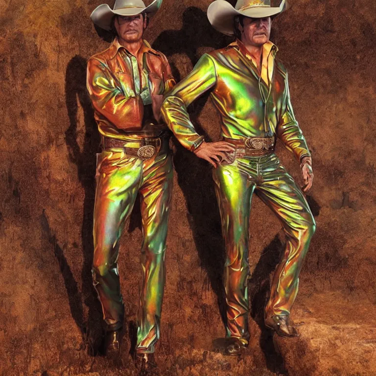 Image similar to 1 9 7 0's spaghetti western film octane render portrait by wayne barlow and carlo crivelli and glenn fabry, a person wearing a shiny colorful iridescent latex suit and cowboy hat covered in colorful slime, standing in a scenic western landscape, cinema 4 d, ray traced lighting, very short depth of field, bokeh