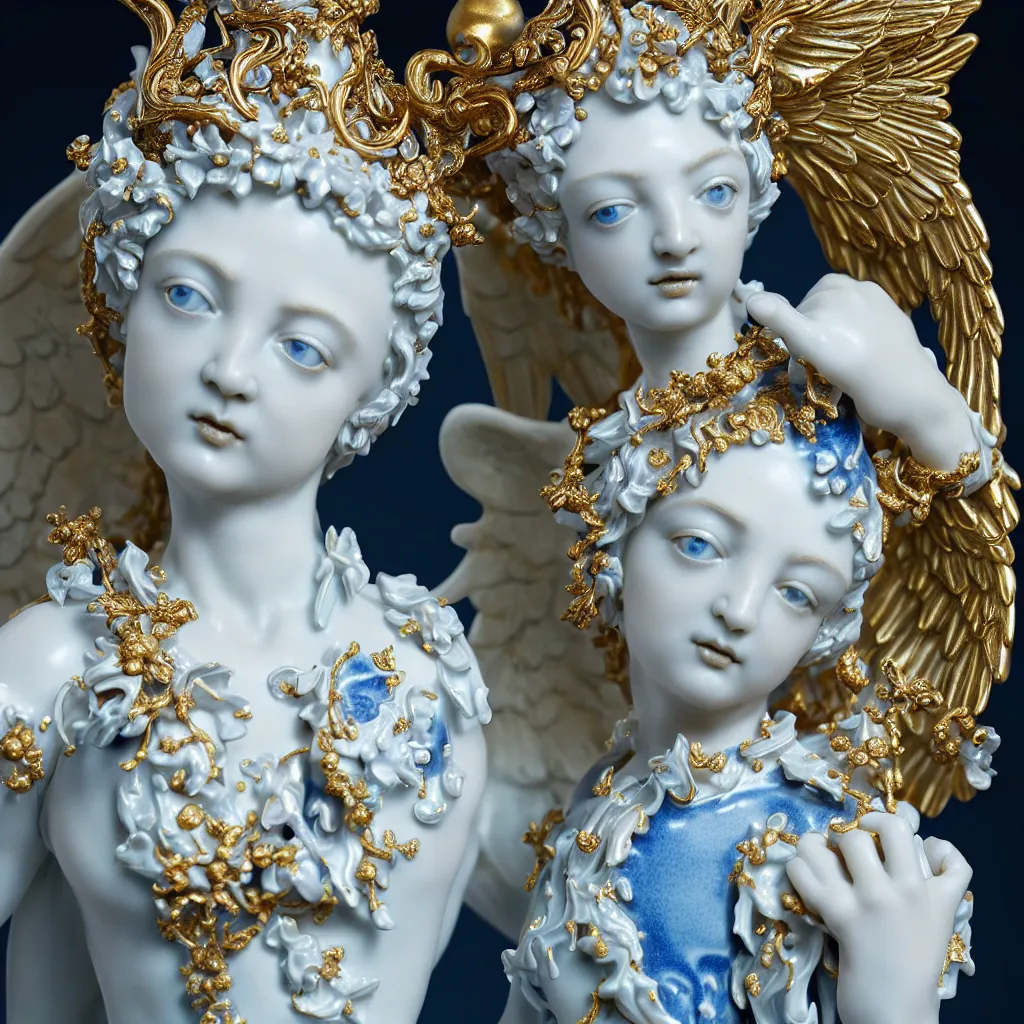 Prompt: a closeup photo - real delicate ceramic porcelain sculpture of an ornate detailed of an angel in front of an intricate background by rafael, micro detail, backlit lighting, subsurface scattering, translucent, thin porcelain, octane renderer, black and blue and gold jewelry, physically based rendering, trending on cgsociety