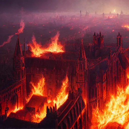 Image similar to medieval kingdom brightly burning in flames as seen from the sky, digital art, highly detailed, dark colours, 8 k, intricate, moody lighting, by greg rutkowski