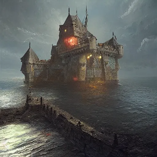 Prompt: a castle in the middle of the ocean,digital art,realistic,detailed,art by greg rutkowski