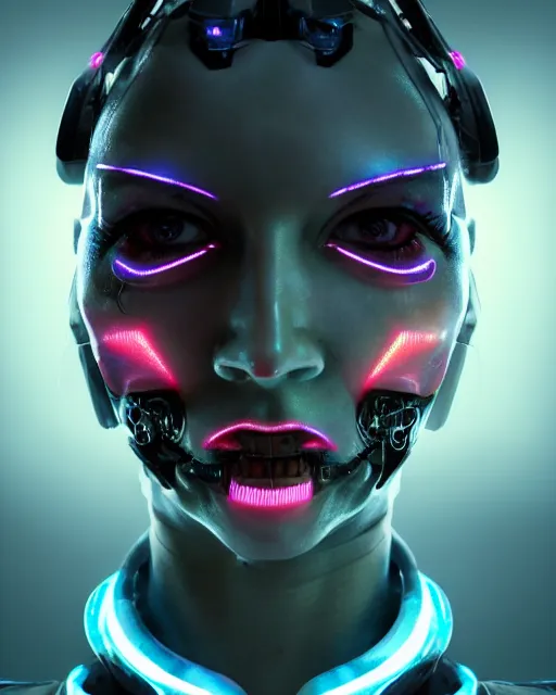 Image similar to photo of sweaty soulful female as a cyberpunk mecha humanoid robotic head and face parts with straight bright led lights, light emitting cables seen over cheekbones, sweaty skin dripping down face, ultra - realistic and detailed, long exposure 8 k