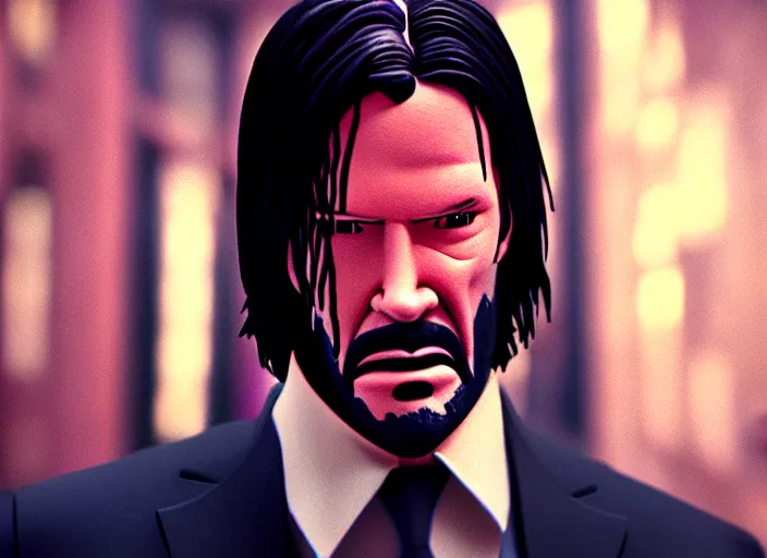 Prompt: cinematic screenshot cinestill portrait of a stop motion claymation film, john wick, in focus, shallow depth of field, 1 8 mm, f 1. 8, sharp details