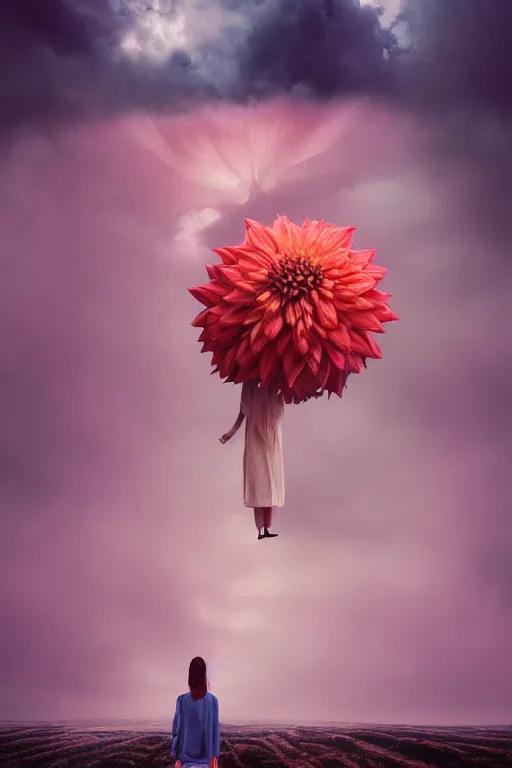 Image similar to perspective giant dahlia flower as head, girl standing on mountain, surreal photography, blue storm clouds, dramatic light, impressionist painting, digital painting, artstation, simon stalenhag