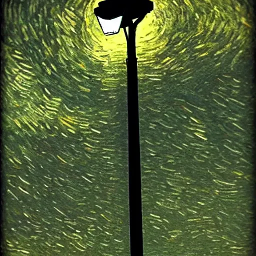 Prompt: light pole at night. nostalgic. bike. empty road. van gogh style. dark colors. high contarst light