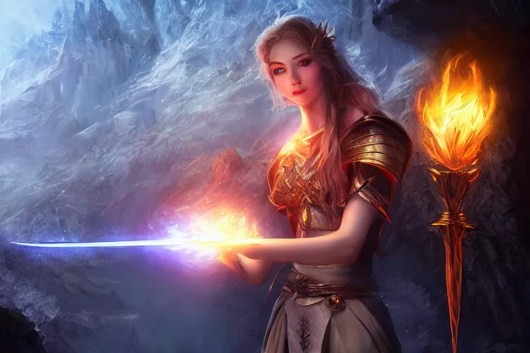 Image similar to ultra detailed fantasy, a beautiful magician with. a fireball in her hand, an ice sword, realistic, dnd, rpg, lotr game design fanart by concept art, behance hd, artstation, deviantart, global illumination radiating a glowing aura global illumination ray tracing hdr render in unreal engine 5