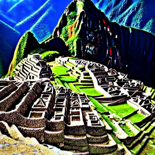 Prompt: an ancient Aztec strategic bomber flies low over Maccu Picchu, realistic digital photo, South American mountains, aircraft made of stone