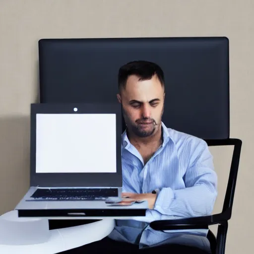 Prompt: a man sitting in front of a laptop computer, a stock photo by radi nedelchev, pexels contest winner, cubo - futurism, stock photo, stockphoto, ilya kuvshinov