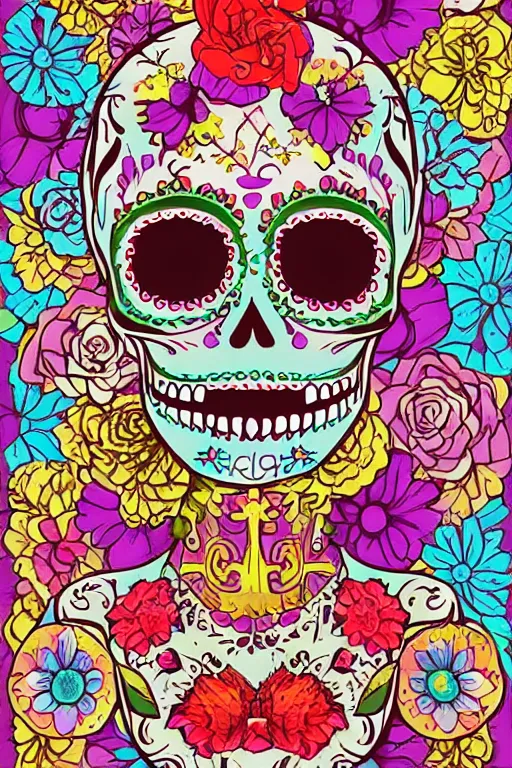 Image similar to illustration of a sugar skull day of the dead girl, art by doug johnson