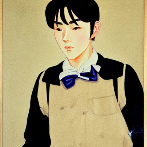 Prompt: painting of grumpy handsome beautiful man in his 2 0 s named min - jun in a french female maid outfit, modern clothing, elegant, clear, painting, stylized, delicate facial features, soft but grumpy, art, art by egon yamamoto