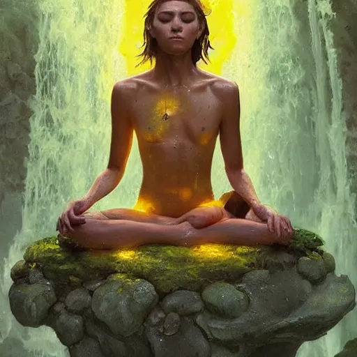 Image similar to a sage meditates under a waterfall pieces with glowing yelow eyes, as a realistic, torso, art by james jean and greg rutkowski!!, real body proportions, digital art,, golden ratio, perfect composition, trending on artstation, 8 k