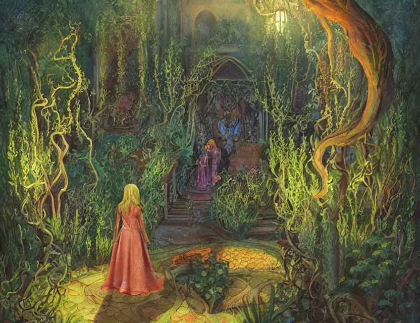 Prompt: a woman standing in a lovecraftian eldritch persian palace garden. this oil painting by the beloved children's book illustrator has dramatic lighting, an interesting color scheme and great sense of depth.