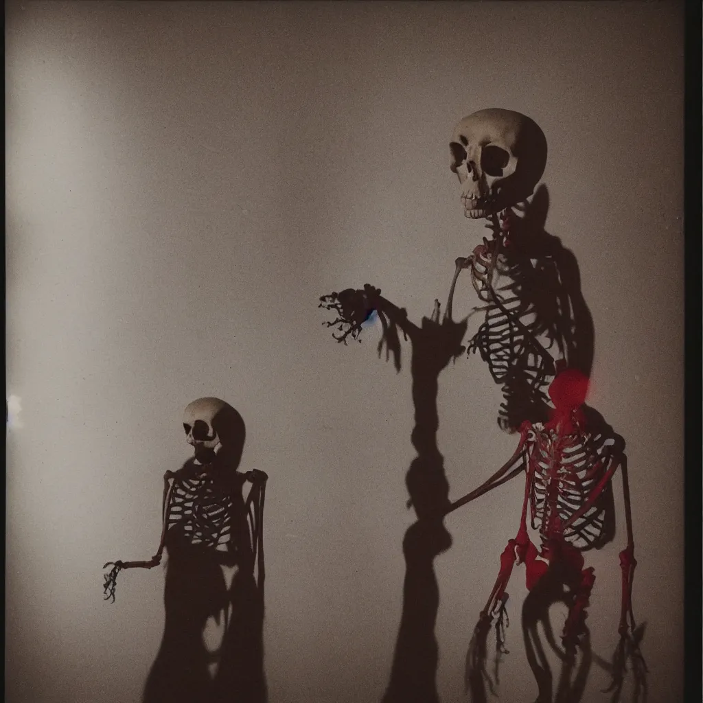 Prompt: An eerie wide angle polaroid photograph in the kitchen at night and leaning around the corner is a robed shadowy skeleton with a glowing red owl skull, dimly lit creepy