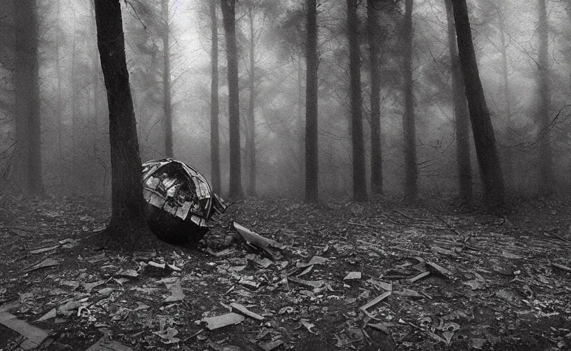 Prompt: soviet satellite wreckage in the misty wood, pinhole camera effect, lomography effect, analogue photo quality, monochrome, blur, unfocus, oil on linen, Chiaroscuro, painted by Giovanni Baglione