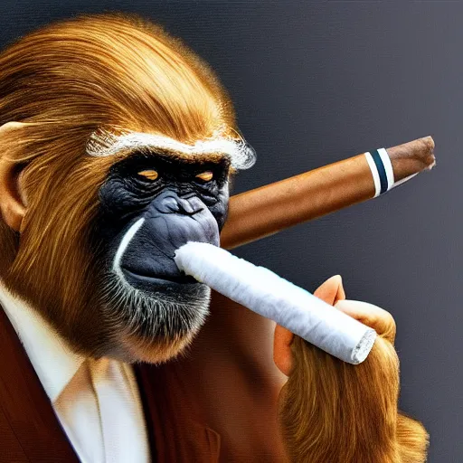 Image similar to a high detail photo of donald trump smoking a cigarrette, subject= chimp, subject detail: extremly detailed, subject action: smoking a cigar, photorealism, dramatic lighting, award winning photograph, trending on artstation