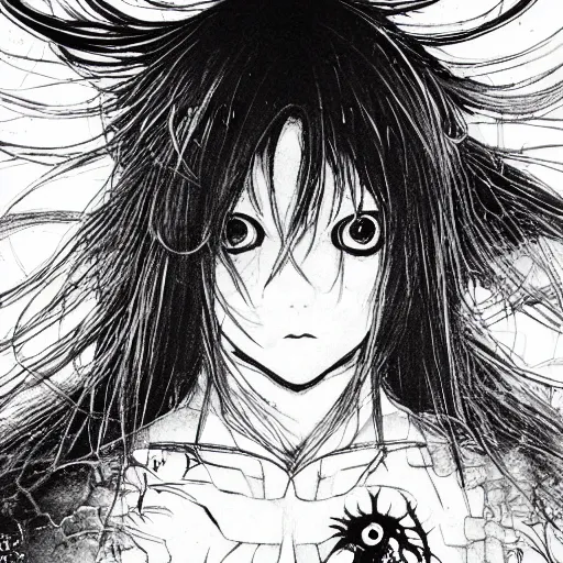 Image similar to yoshitaka amano blurred and dreamy illustration of an anime girl with pirate eye patch, wavy white hair and cracks on her face wearing elden ring armour with the cape fluttering in the wind, abstract black and white patterns on the background, noisy film grain effect, highly detailed, renaissance oil painting, weird portrait angle