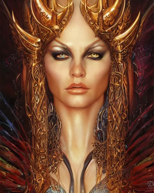 Image similar to a highly detailed airbrush painting of an evil female fantasy sorceress with piercing beautiful eyes art by karol bak and donato giancola and mark brooks, centered, full size, hires, 4 k, high resolution, sharp focus