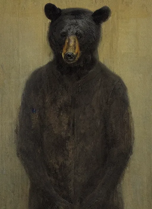 Prompt: portrait painting of anthropomorphic black bear in edo period mens japanese clothes by jeremy mann, only one head single portrait