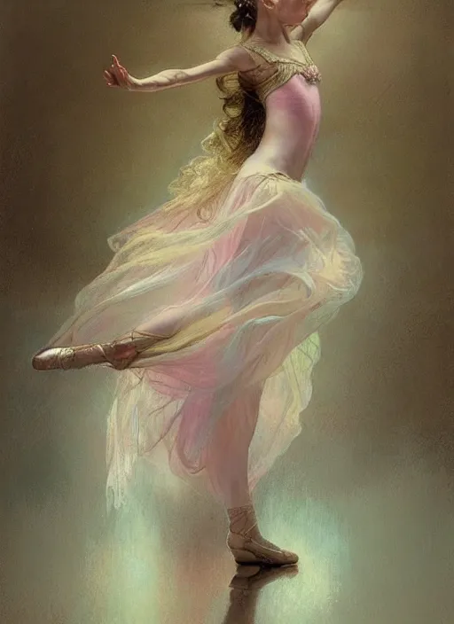 Prompt: a beautifull intricate pastel painting of a dancing ballerina, reflexions, verry high details by william turner art, greg rutkowski and alphonse mucha, trending on artstation, very very detailed, masterpiece, muted colors