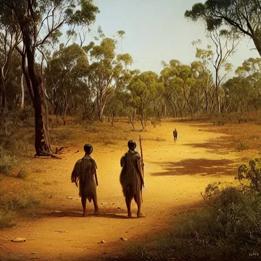 Image similar to Australian aborigines walking through the outback, a beautiful painting by ivan shishkin, matte painting