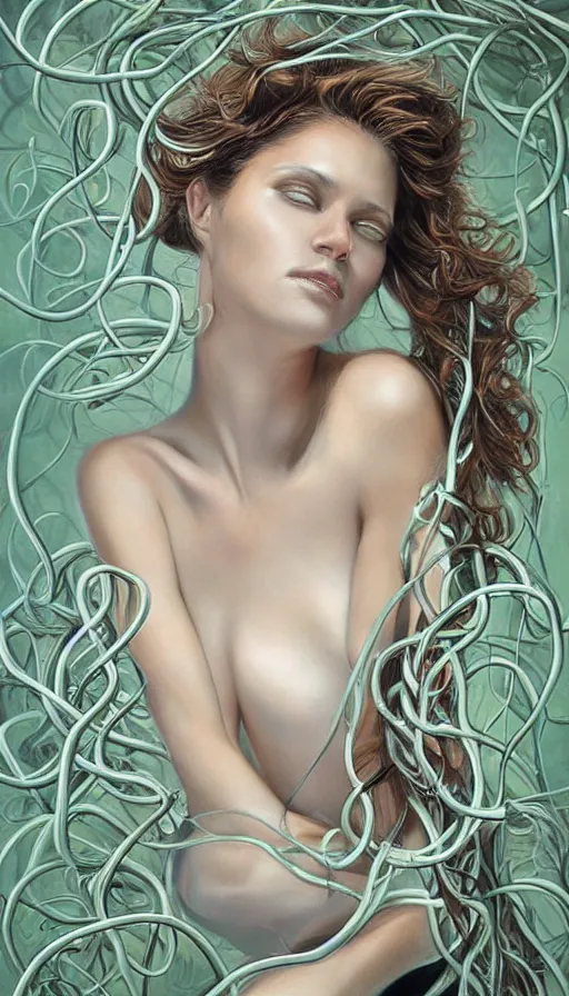 Image similar to very detailed portrait of a 2 0 years old girl surrounded by tentacles, the youg woman visage is blooming from fractal and vines, by rob hefferan