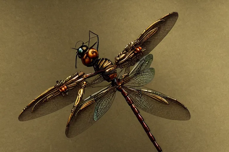 Image similar to super detailed steampunk dragonfly with big eyes and shiny wings, realistic, 4k