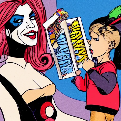 Image similar to Harley Quinn showing kids how to steal candy bars at Halloween Wikihow.